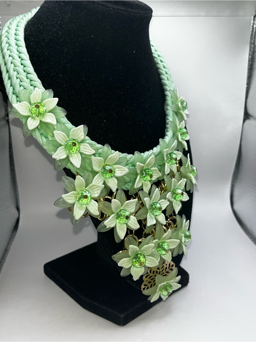 Green Chroma, Green Glass and Green AB stones Bib statement necklace - Picture 2 of 15
